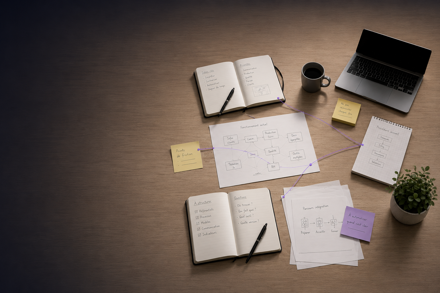 Bureau Houston — carnets, schémas et notes structurant l'activité avant de l'équiper
